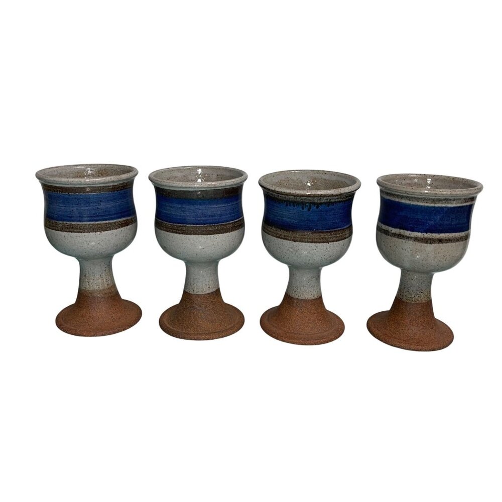 Vintage Goblets Set of 4 Studio Pottery Stoneware Signed Bohemian Artisan Made - Picture 8 of 10